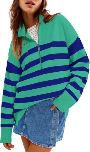 Yousify Women’s Casual Long Sleeve Half Zip Striped Pullover Sweaters V Neck Color Block Ribbed Knit Loose Jumper Tops