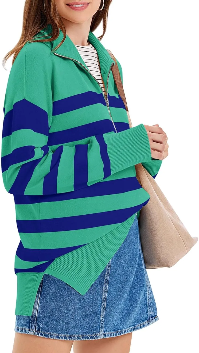 Yousify Women’s Casual Long Sleeve Half Zip Striped Pullover Sweaters V Neck Color Block Ribbed Knit Loose Jumper Tops