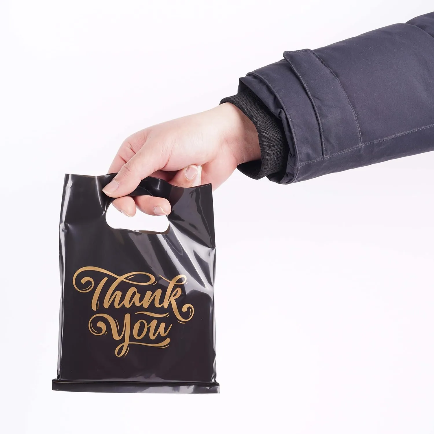 ysmile Small Thank You Plastic Merchandise Bag for Business, Retail Plastic Shopping Bag with Handle Bulk 100 ct 5.9"x7.8" - Black
