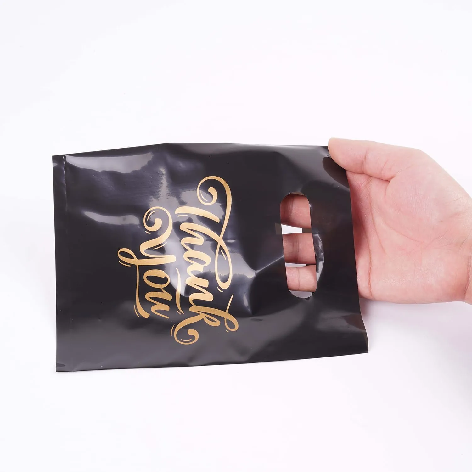 ysmile Small Thank You Plastic Merchandise Bag for Business, Retail Plastic Shopping Bag with Handle Bulk 100 ct 5.9"x7.8" - Black