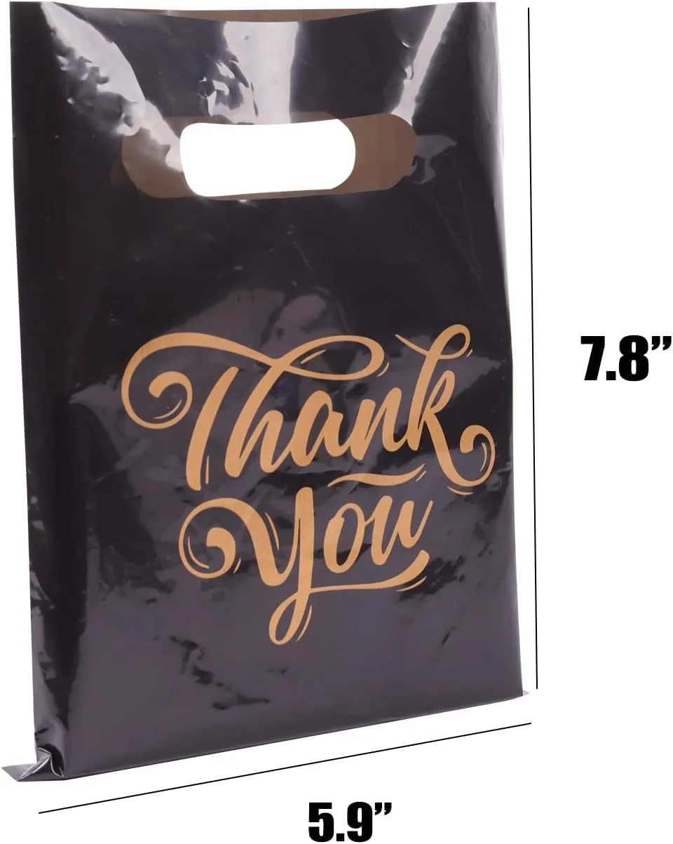 ysmile Small Thank You Plastic Merchandise Bag for Business, Retail Plastic Shopping Bag with Handle Bulk 100 ct 5.9"x7.8" - Black