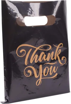 ysmile Small Thank You Plastic Merchandise Bag for Business, Retail Plastic Shopping Bag with Handle Bulk 100 ct 5.9"x7.8" - Black