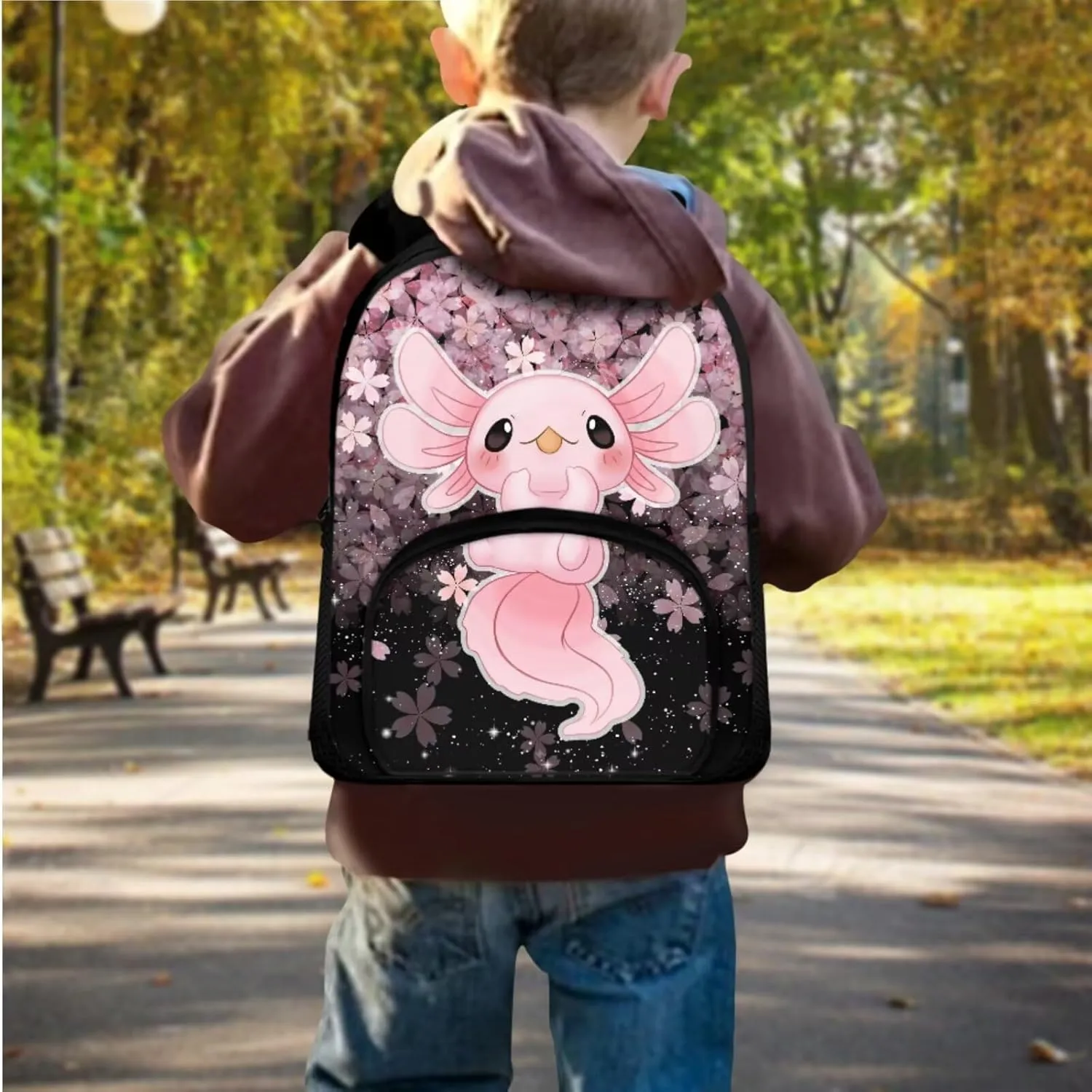 Ystardream Axolotl Backpack and Lunch Bag Set for Girls Kindergarten Backpack School Bags Cherry Blossom Girls Kids Bookbag with Adjustable Straps,Lightweight,Large Capacity
