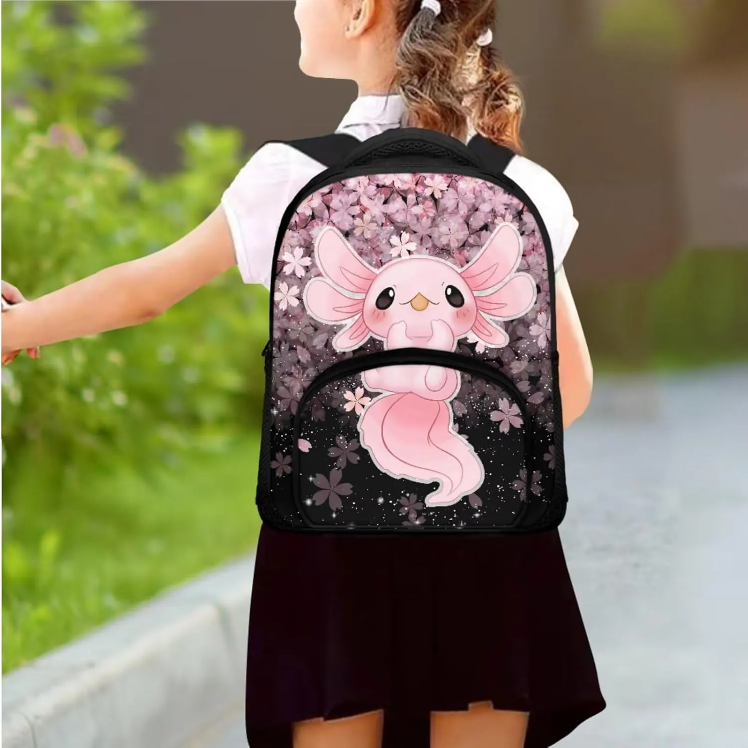 Ystardream Axolotl Backpack and Lunch Bag Set for Girls Kindergarten Backpack School Bags Cherry Blossom Girls Kids Bookbag with Adjustable Straps,Lightweight,Large Capacity