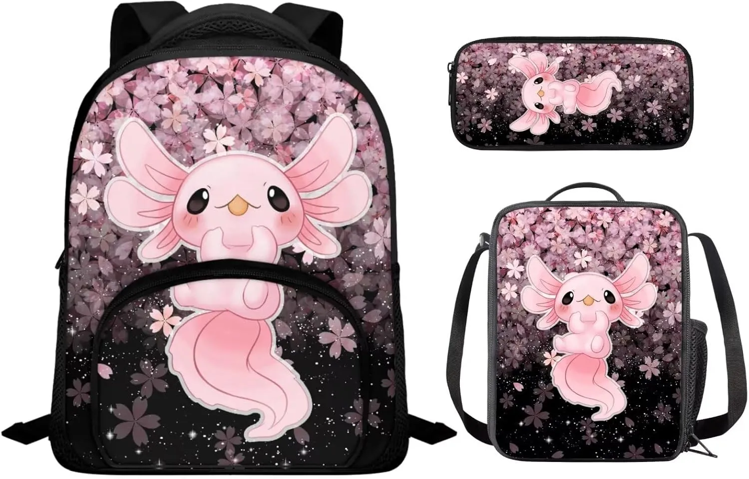 Ystardream Axolotl Backpack and Lunch Bag Set for Girls Kindergarten Backpack School Bags Cherry Blossom Girls Kids Bookbag with Adjustable Straps,Lightweight,Large Capacity
