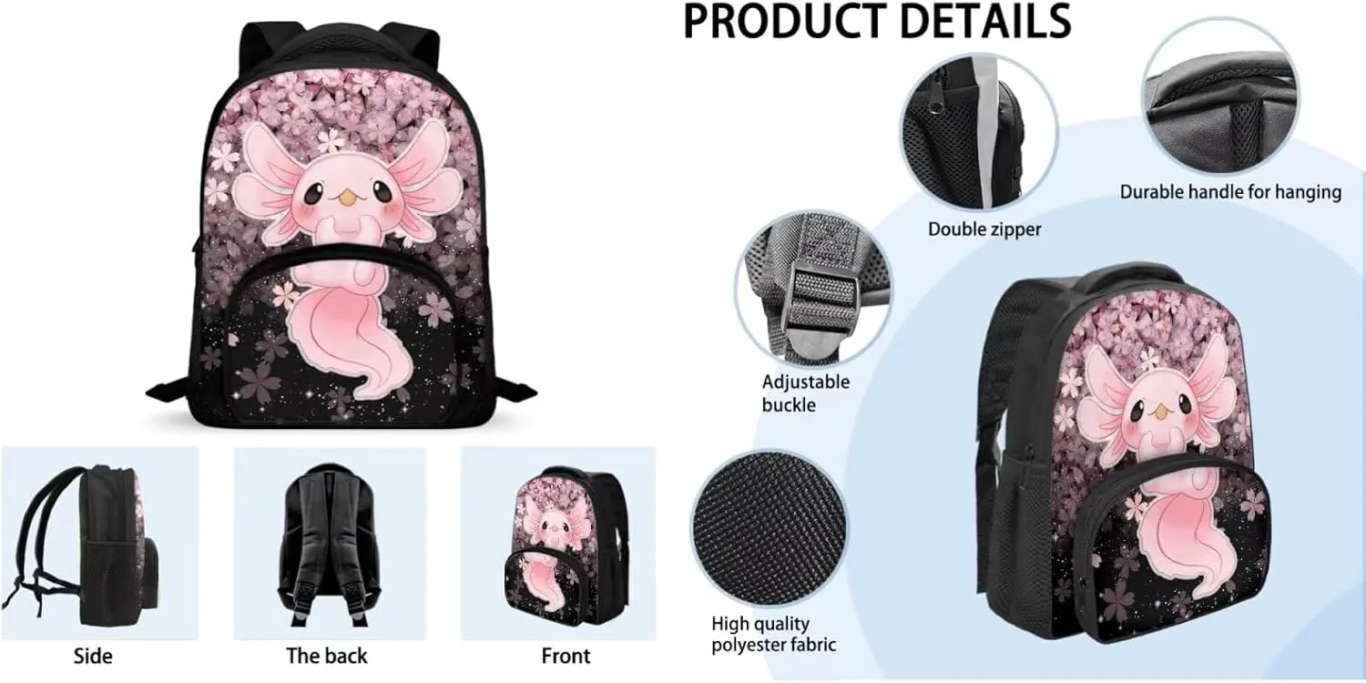 Ystardream Axolotl Backpack and Lunch Bag Set for Girls Kindergarten Backpack School Bags Cherry Blossom Girls Kids Bookbag with Adjustable Straps,Lightweight,Large Capacity