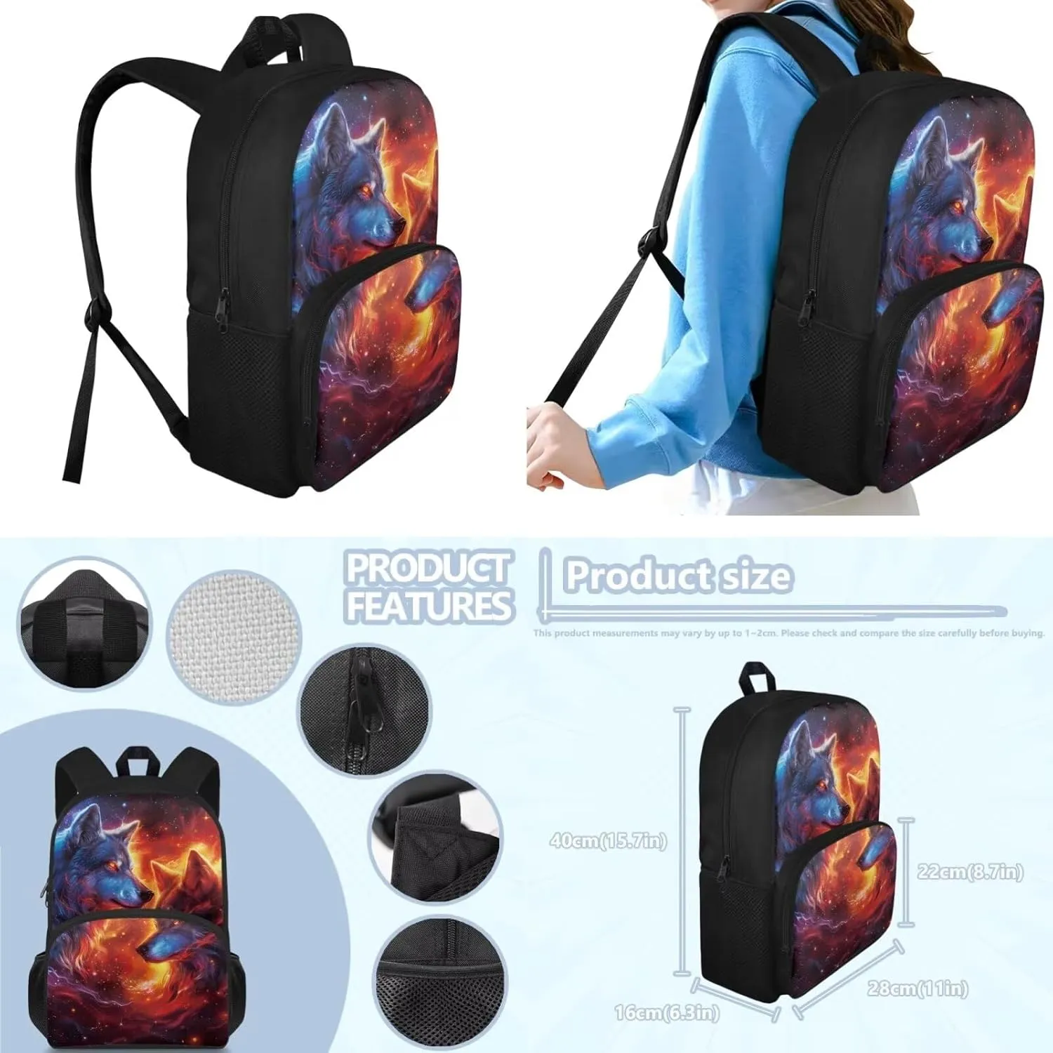 Ystardream Cool Wolf Backpack for Boys 10-12 Kids Backpack with Lunch Box Pencil Box Custom Student Backpack for Teenagers Primary School Backpack for School Travel Sports Camping
