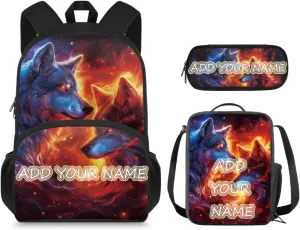 Ystardream Cool Wolf Backpack for Boys 10-12 Kids Backpack with Lunch Box Pencil Box Custom Student Backpack for Teenagers Primary School Backpack for School Travel Sports Camping