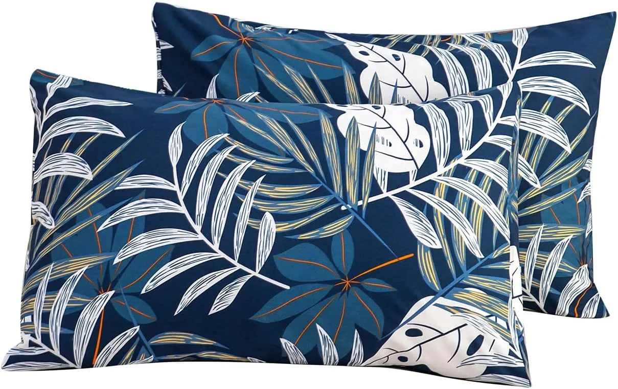 YuHeGuoJi Pillowcases Queen Size 100% Cotton Set of 2 Blue White Leaves Tropical Plants Print Decorative Bed Pillow Covers with Envelope Closure Hotel Quality Soft Breathable (2 Packs, 20 x 26 Inch)