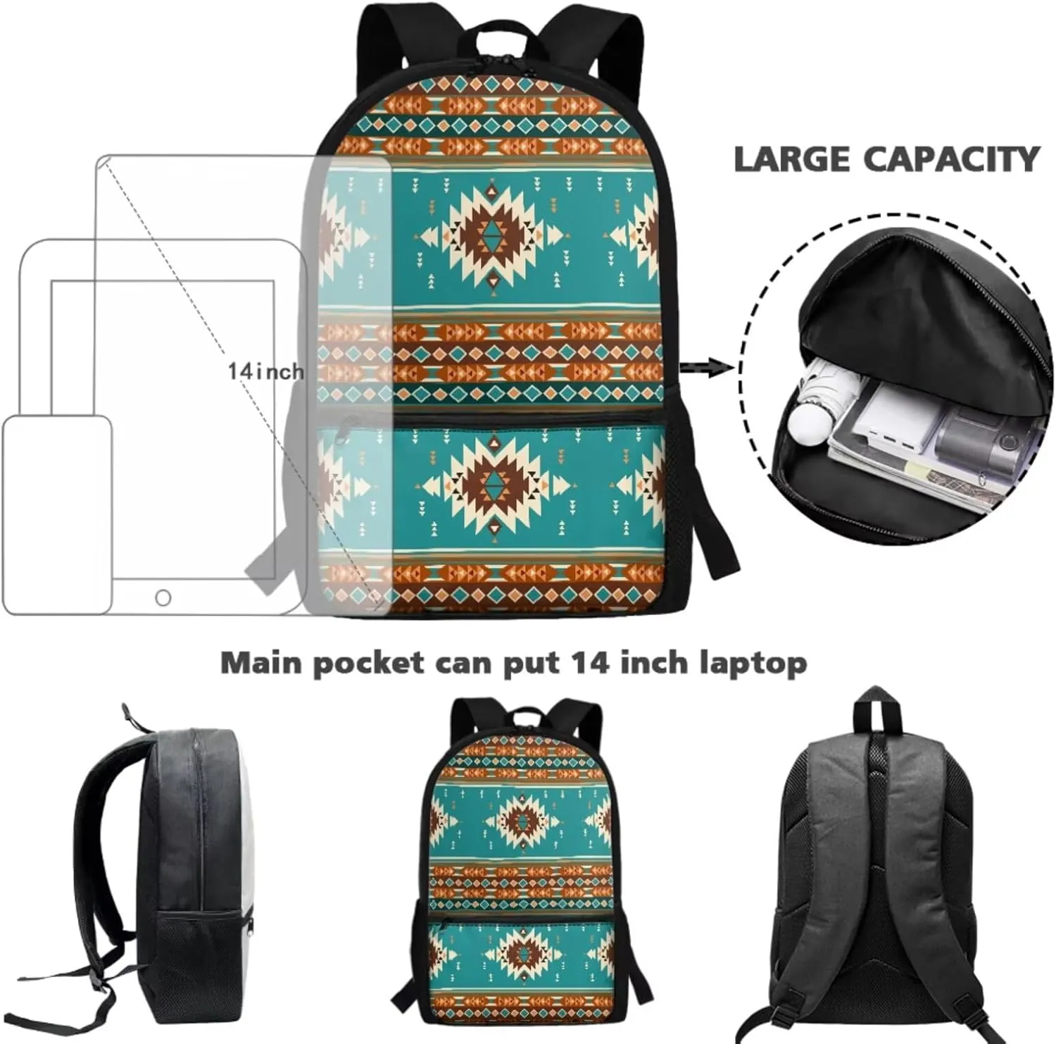 ZDCUSTOM Navajo Tribal Geometric Print Cool Backpack for Teen Boys Age 8-14 Elementary Middle School Students Bookbag with Tote Lunch Bag Pencil Case and Keychain