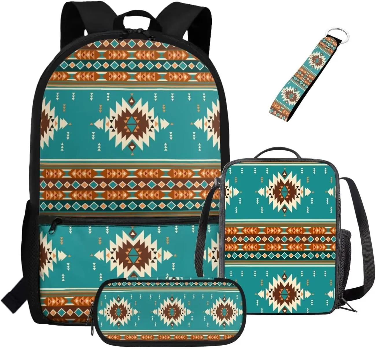 ZDCUSTOM Navajo Tribal Geometric Print Cool Backpack for Teen Boys Age 8-14 Elementary Middle School Students Bookbag with Tote Lunch Bag Pencil Case and Keychain