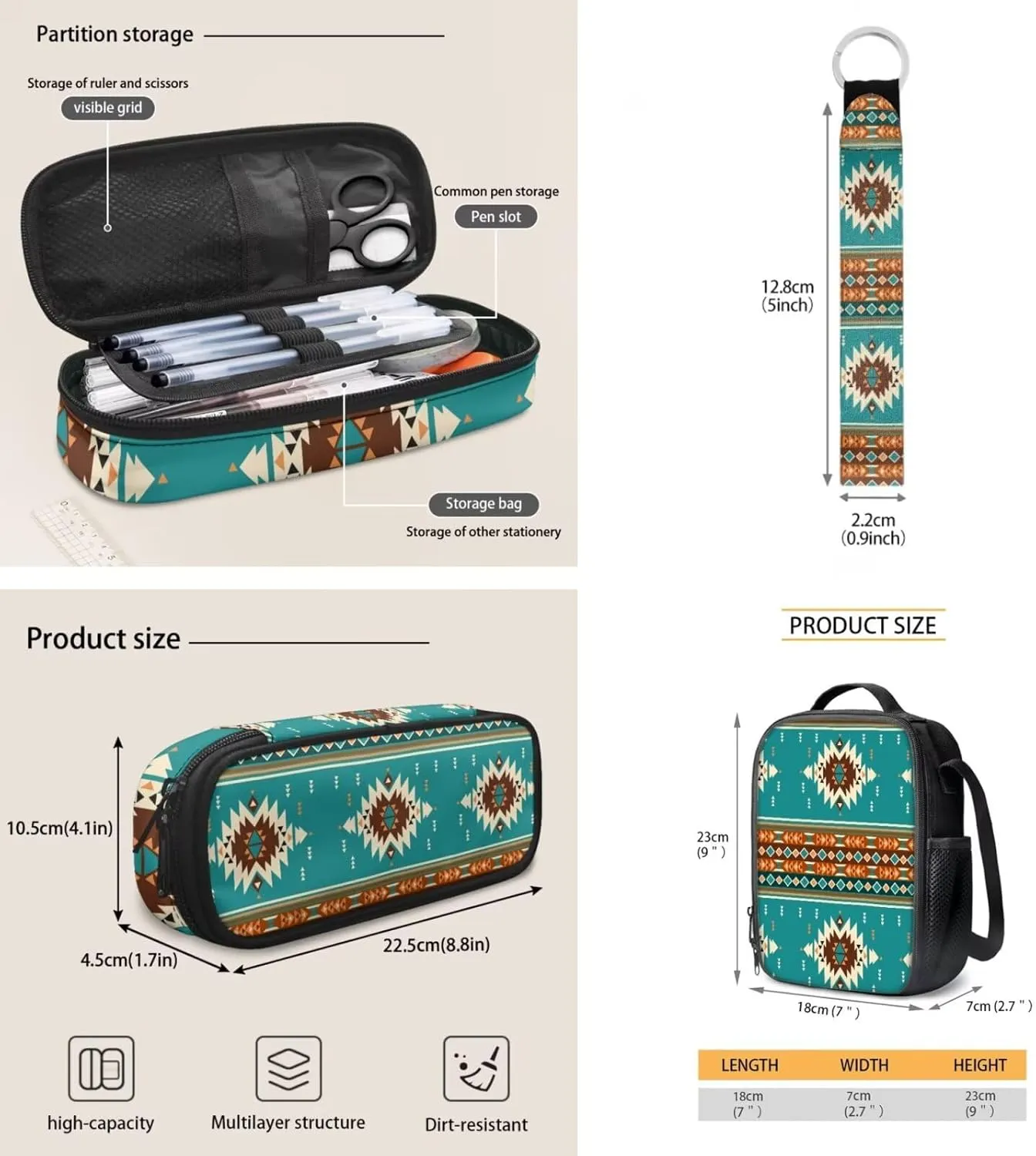 ZDCUSTOM Navajo Tribal Geometric Print Cool Backpack for Teen Boys Age 8-14 Elementary Middle School Students Bookbag with Tote Lunch Bag Pencil Case and Keychain