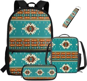 ZDCUSTOM Navajo Tribal Geometric Print Cool Backpack for Teen Boys Age 8-14 Elementary Middle School Students Bookbag with Tote Lunch Bag Pencil Case and Keychain