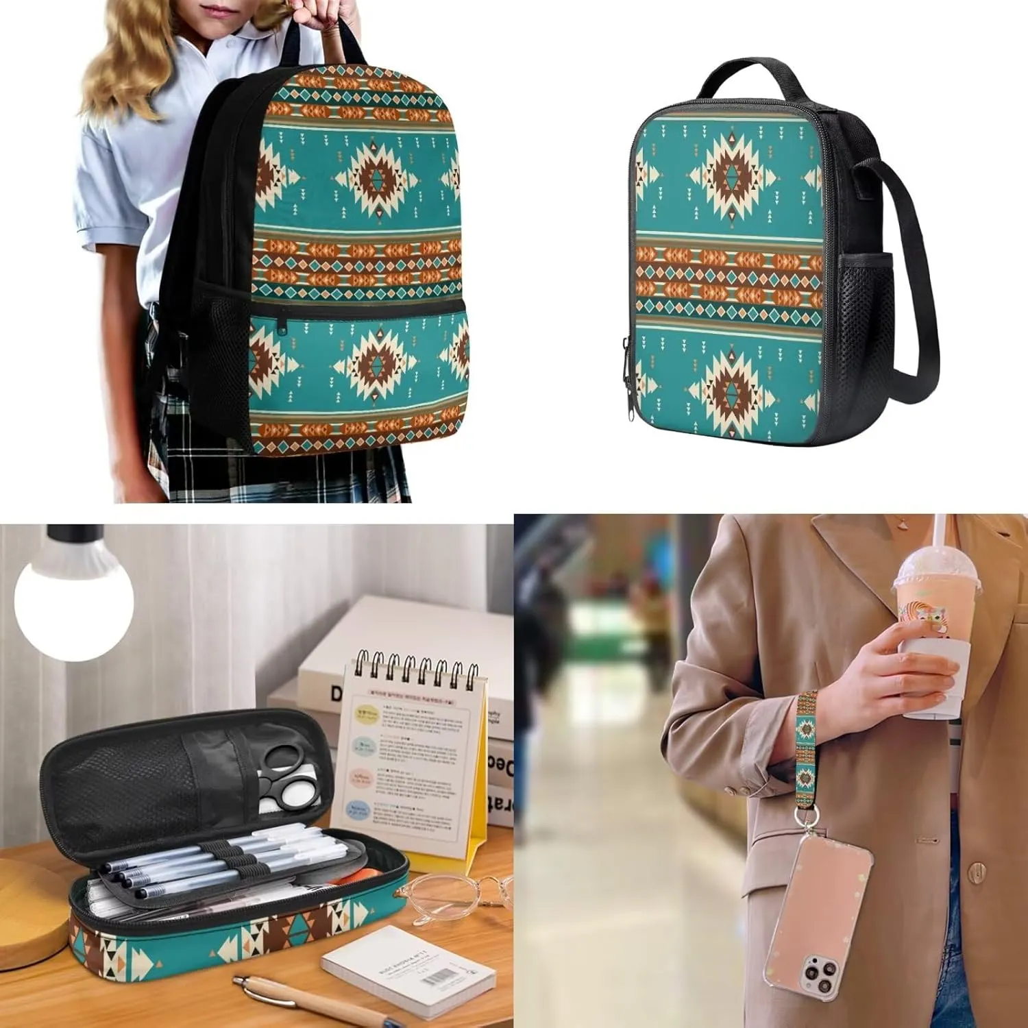 ZDCUSTOM Navajo Tribal Geometric Print Cool Backpack for Teen Boys Age 8-14 Elementary Middle School Students Bookbag with Tote Lunch Bag Pencil Case and Keychain