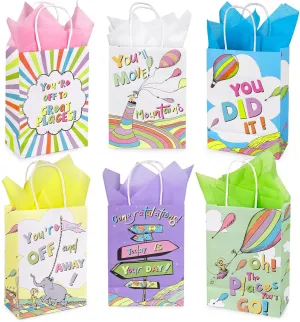 ZeffuLyne 24Pcs Oh the Places You'll Go Graduation Gift Bags with Tissue Paper, 6 Styles Dr Seuss Party Decorations Bags for Kindergarten Preschool High School Graduation Classroom Decor