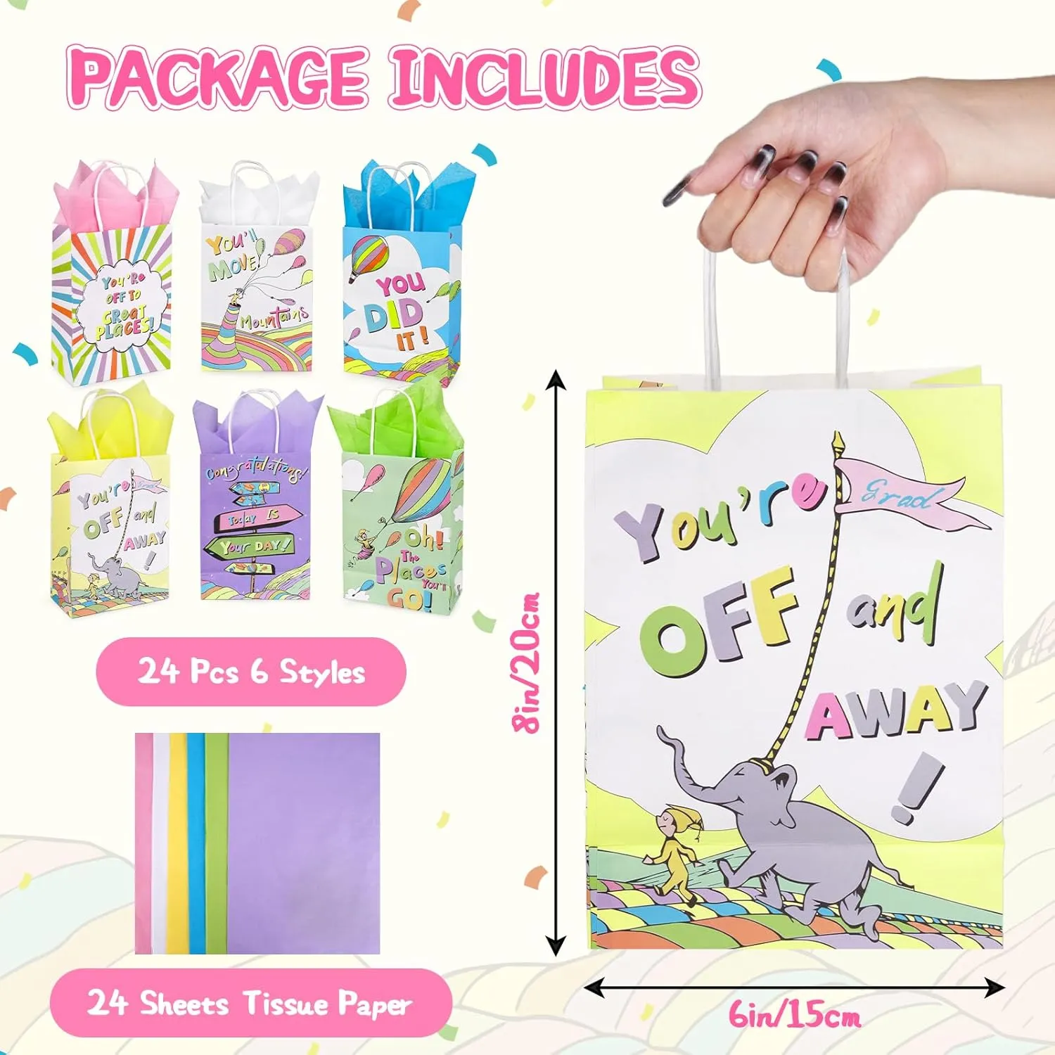 ZeffuLyne 24Pcs Oh the Places You'll Go Graduation Gift Bags with Tissue Paper, 6 Styles Dr Seuss Party Decorations Bags for Kindergarten Preschool High School Graduation Classroom Decor