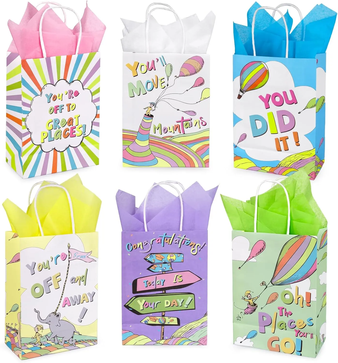 ZeffuLyne 24Pcs Oh the Places You'll Go Graduation Gift Bags with Tissue Paper, 6 Styles Dr Seuss Party Decorations Bags for Kindergarten Preschool High School Graduation Classroom Decor