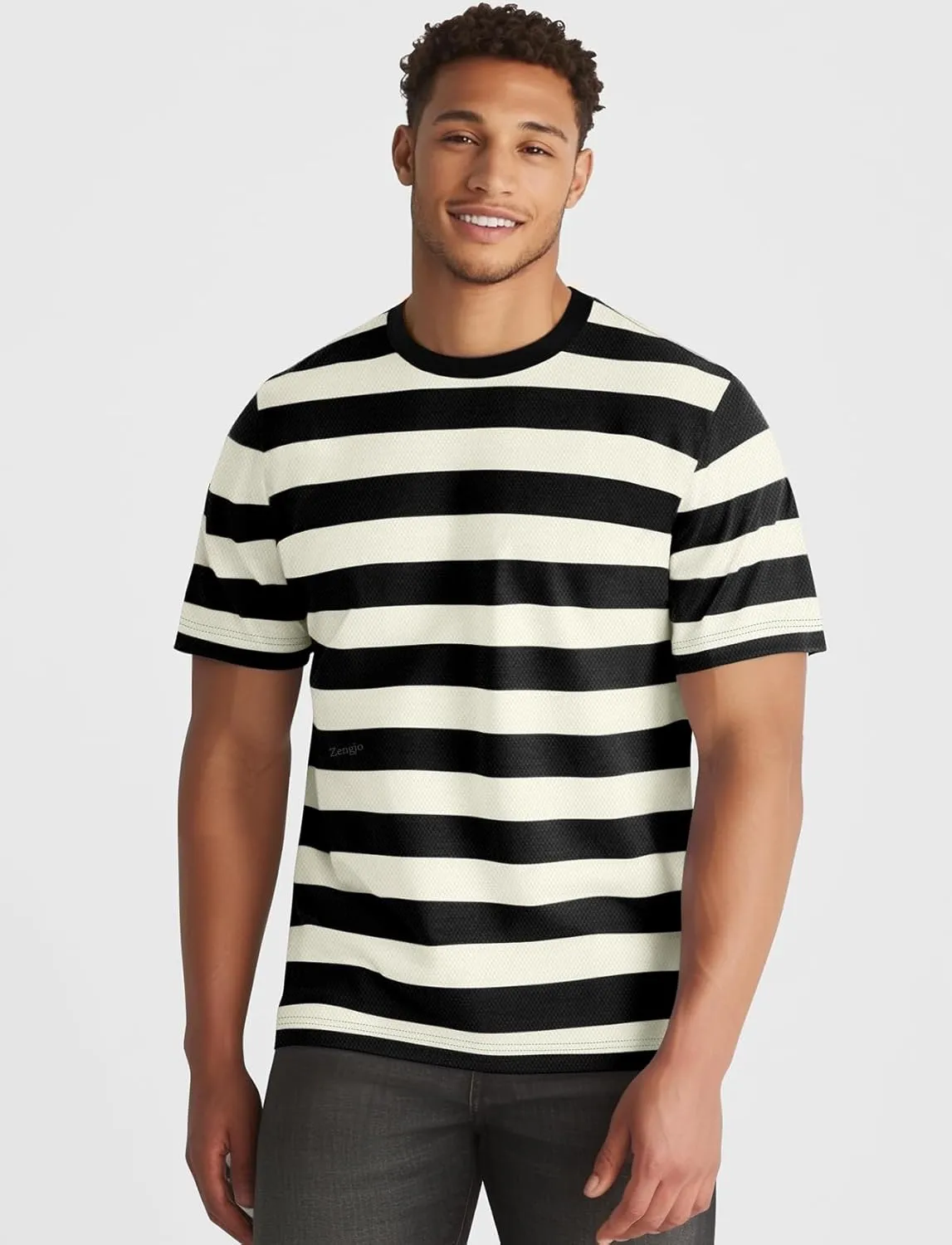 Zengjo Mens Striped Shirt Short Sleeve Crewneck Casual Tri-Blend T-Shirts Regular Fit Textured Stripe Tee