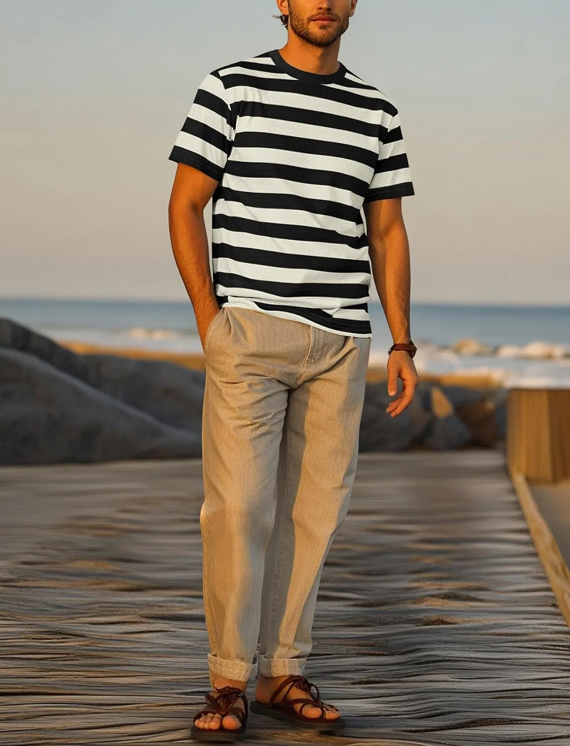 Zengjo Mens Striped Shirt Short Sleeve Crewneck Casual Tri-Blend T-Shirts Regular Fit Textured Stripe Tee