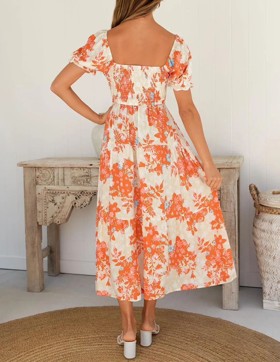 ZESICA Women's 2025 Summer Boho Floral Print Square Neck Ruffle Swing Beach Long Maxi Dress