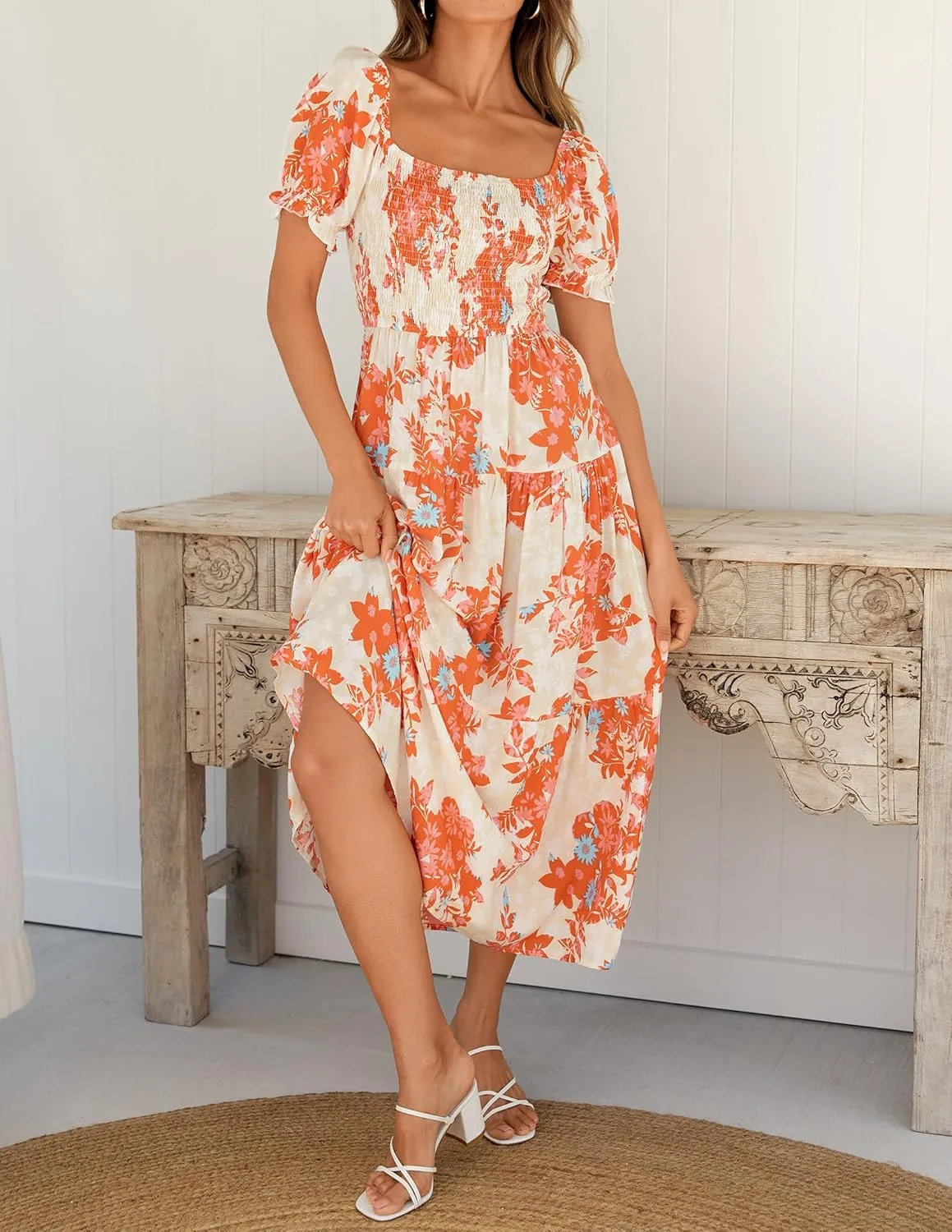 ZESICA Women's 2025 Summer Boho Floral Print Square Neck Ruffle Swing Beach Long Maxi Dress