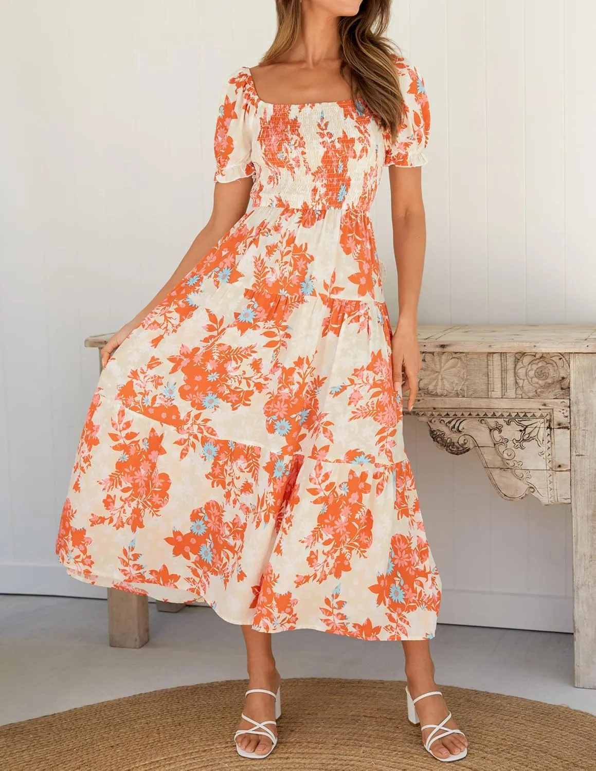 ZESICA Women's 2025 Summer Boho Floral Print Square Neck Ruffle Swing Beach Long Maxi Dress