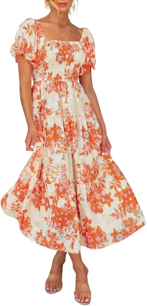 ZESICA Women's 2025 Summer Boho Floral Print Square Neck Ruffle Swing Beach Long Maxi Dress