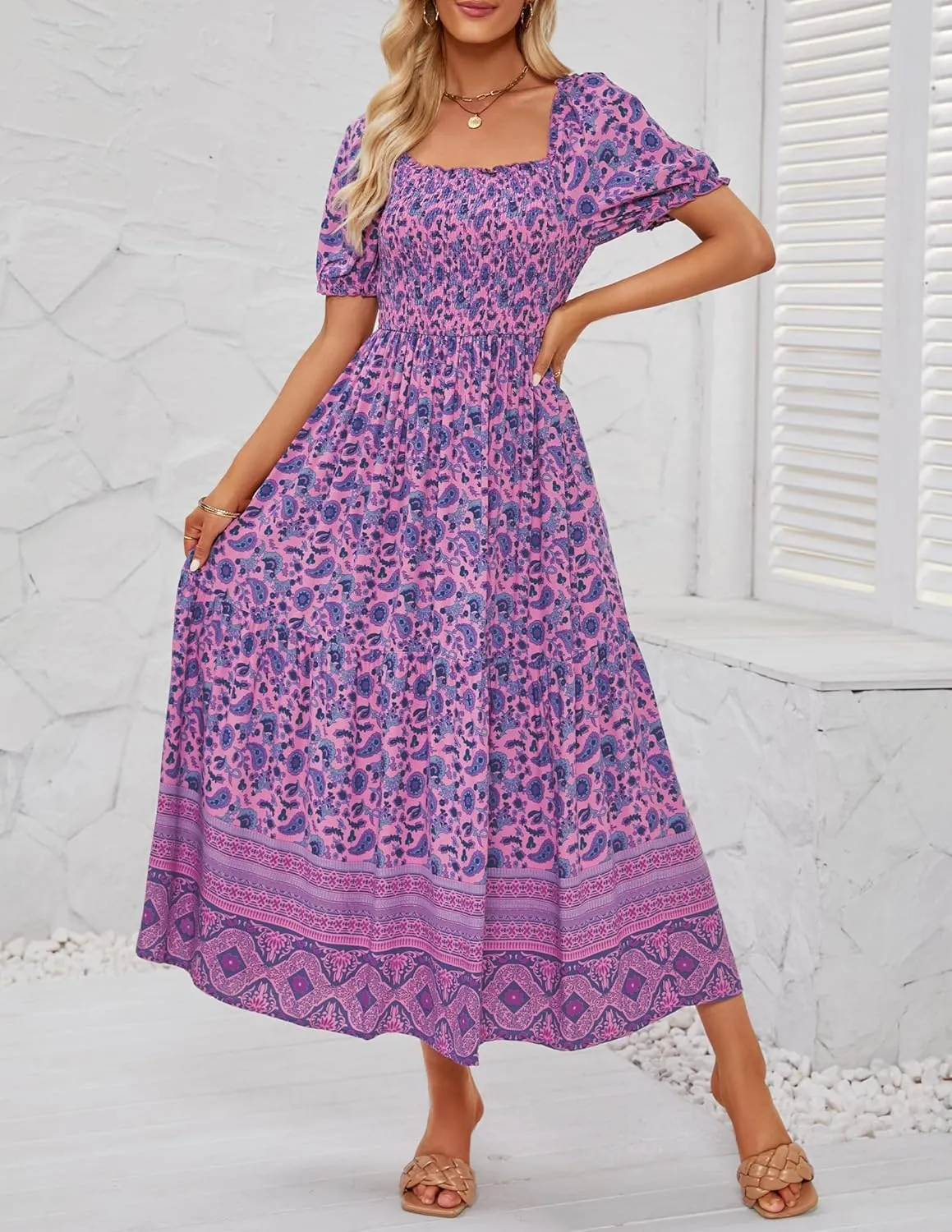 ZESICA Women's 2025 Summer Boho Floral Print Square Neck Ruffle Swing Beach Long Maxi Dress