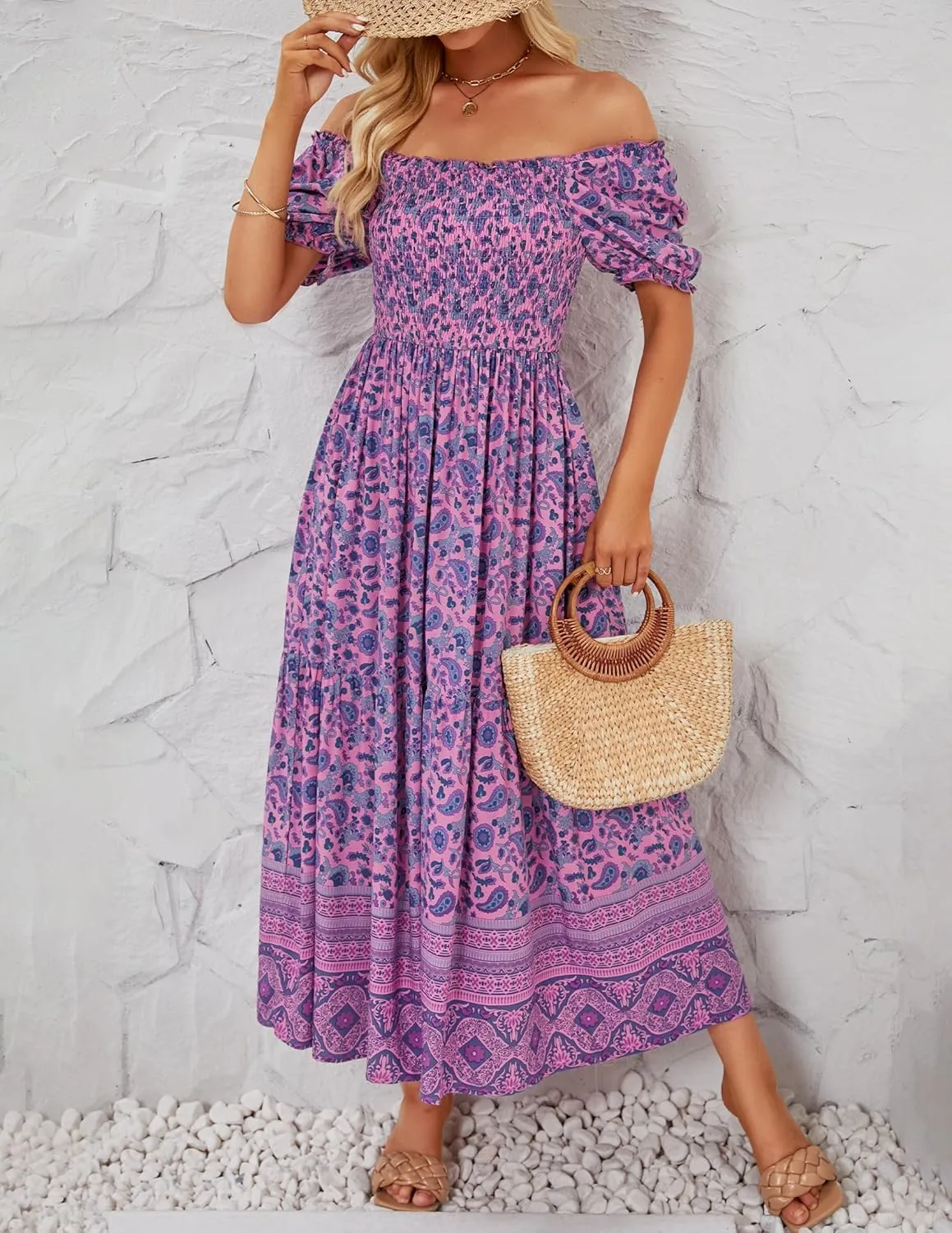 ZESICA Women's 2025 Summer Boho Floral Print Square Neck Ruffle Swing Beach Long Maxi Dress