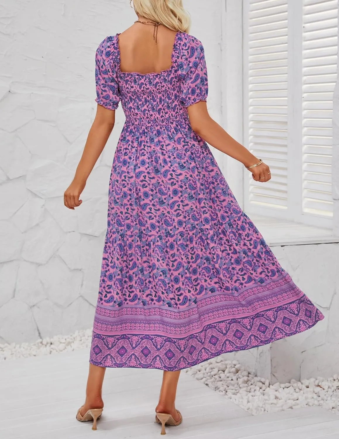 ZESICA Women's 2025 Summer Boho Floral Print Square Neck Ruffle Swing Beach Long Maxi Dress