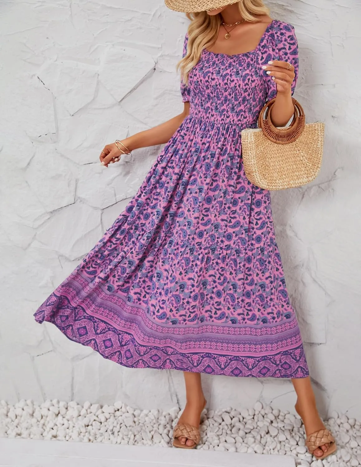 ZESICA Women's 2025 Summer Boho Floral Print Square Neck Ruffle Swing Beach Long Maxi Dress