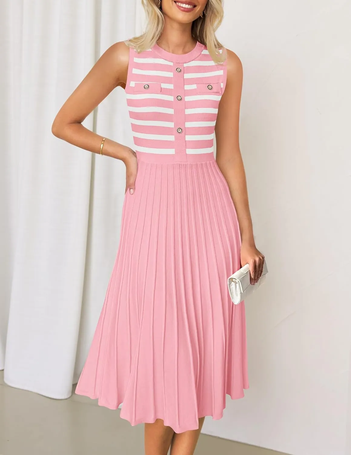 ZESICA Women's Sleeveless Striped Midi Dress Summer Crewneck Button Knit Swing Pleated A Line Casual Dresses