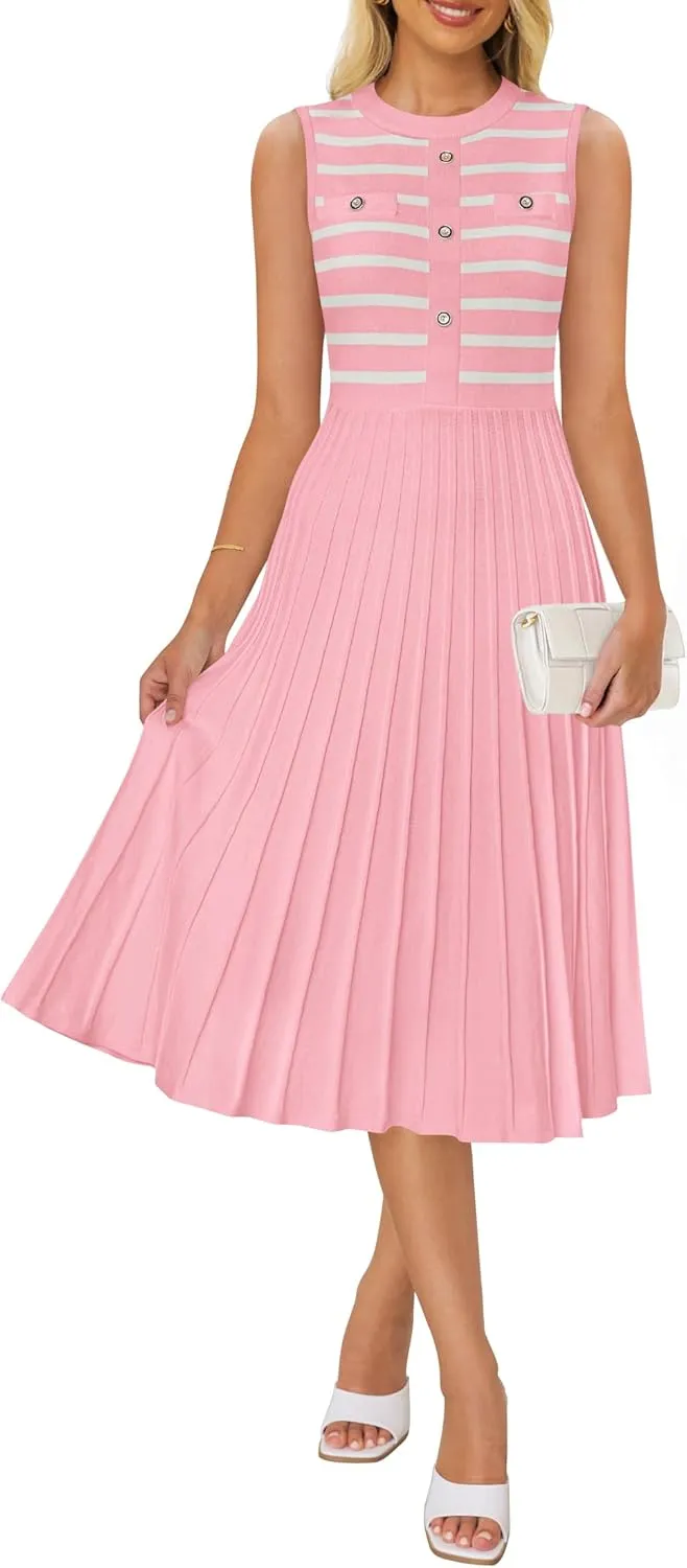 ZESICA Women's Sleeveless Striped Midi Dress Summer Crewneck Button Knit Swing Pleated A Line Casual Dresses