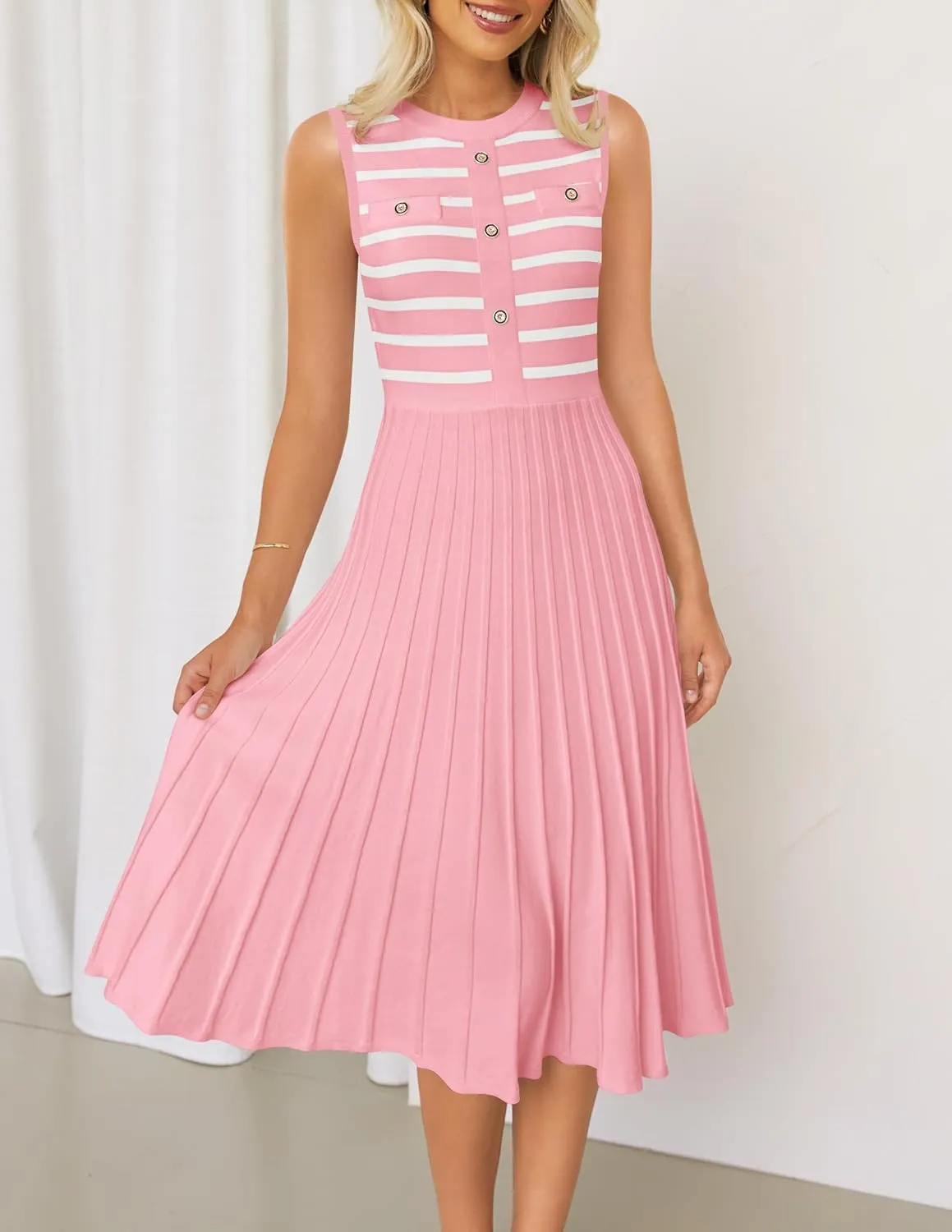 ZESICA Women's Sleeveless Striped Midi Dress Summer Crewneck Button Knit Swing Pleated A Line Casual Dresses
