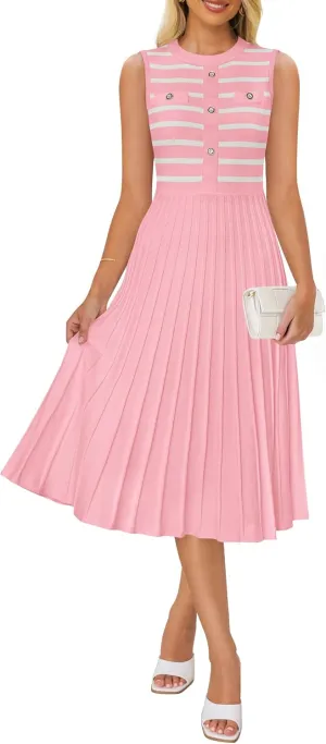 ZESICA Women's Sleeveless Striped Midi Dress Summer Crewneck Button Knit Swing Pleated A Line Casual Dresses