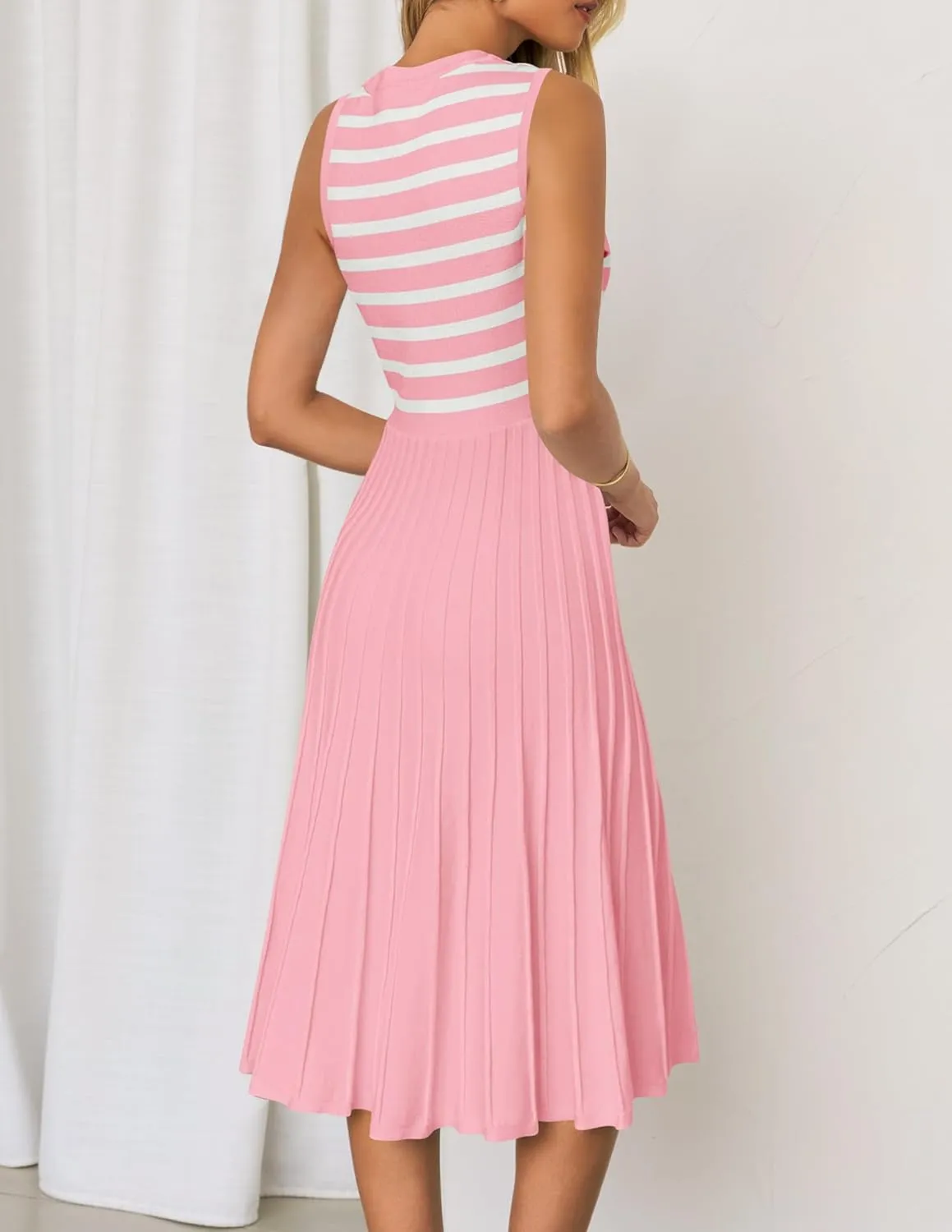 ZESICA Women's Sleeveless Striped Midi Dress Summer Crewneck Button Knit Swing Pleated A Line Casual Dresses