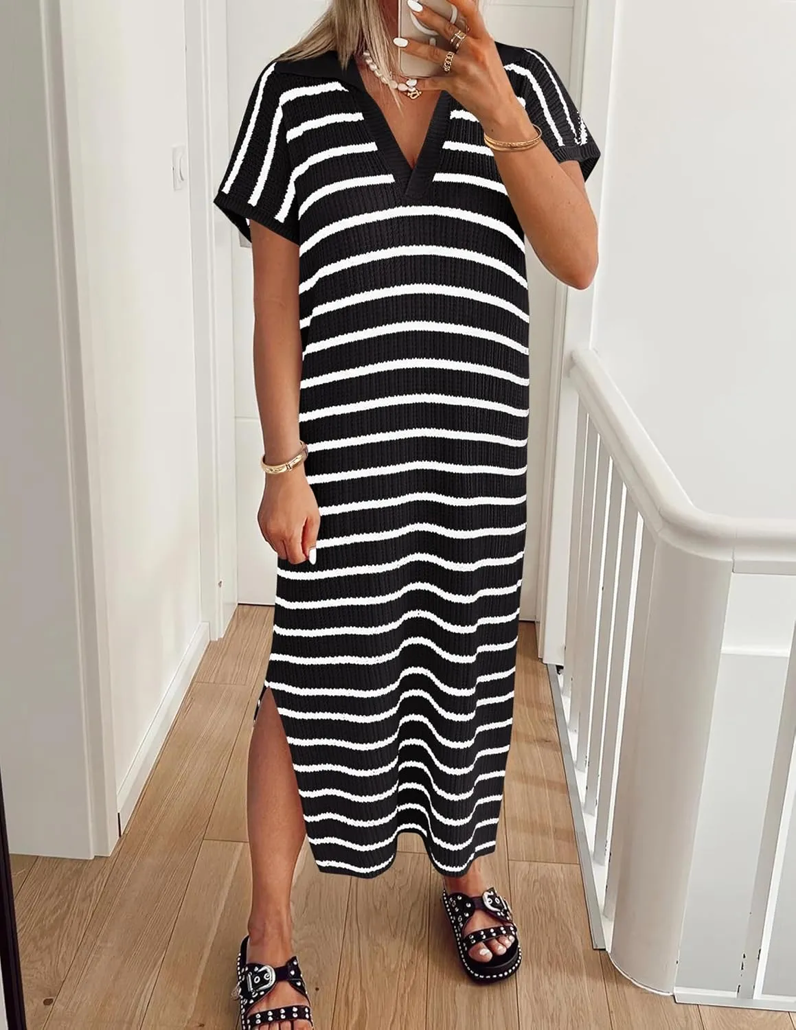ZESICA Women's Summer Striped Midi Dress 2025 Casual Short Sleeve V Neck Loose Knitted Side Slit Long Sweater Dresses