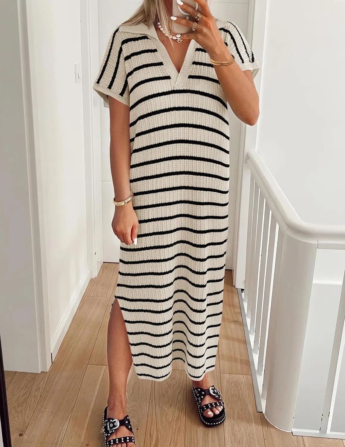 ZESICA Women's Summer Striped Midi Dress 2025 Casual Short Sleeve V Neck Loose Knitted Side Slit Long Sweater Dresses