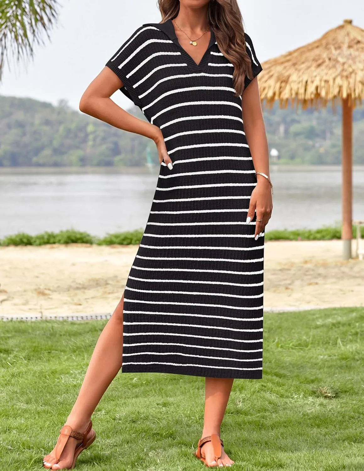 ZESICA Women's Summer Striped Midi Dress 2025 Casual Short Sleeve V Neck Loose Knitted Side Slit Long Sweater Dresses
