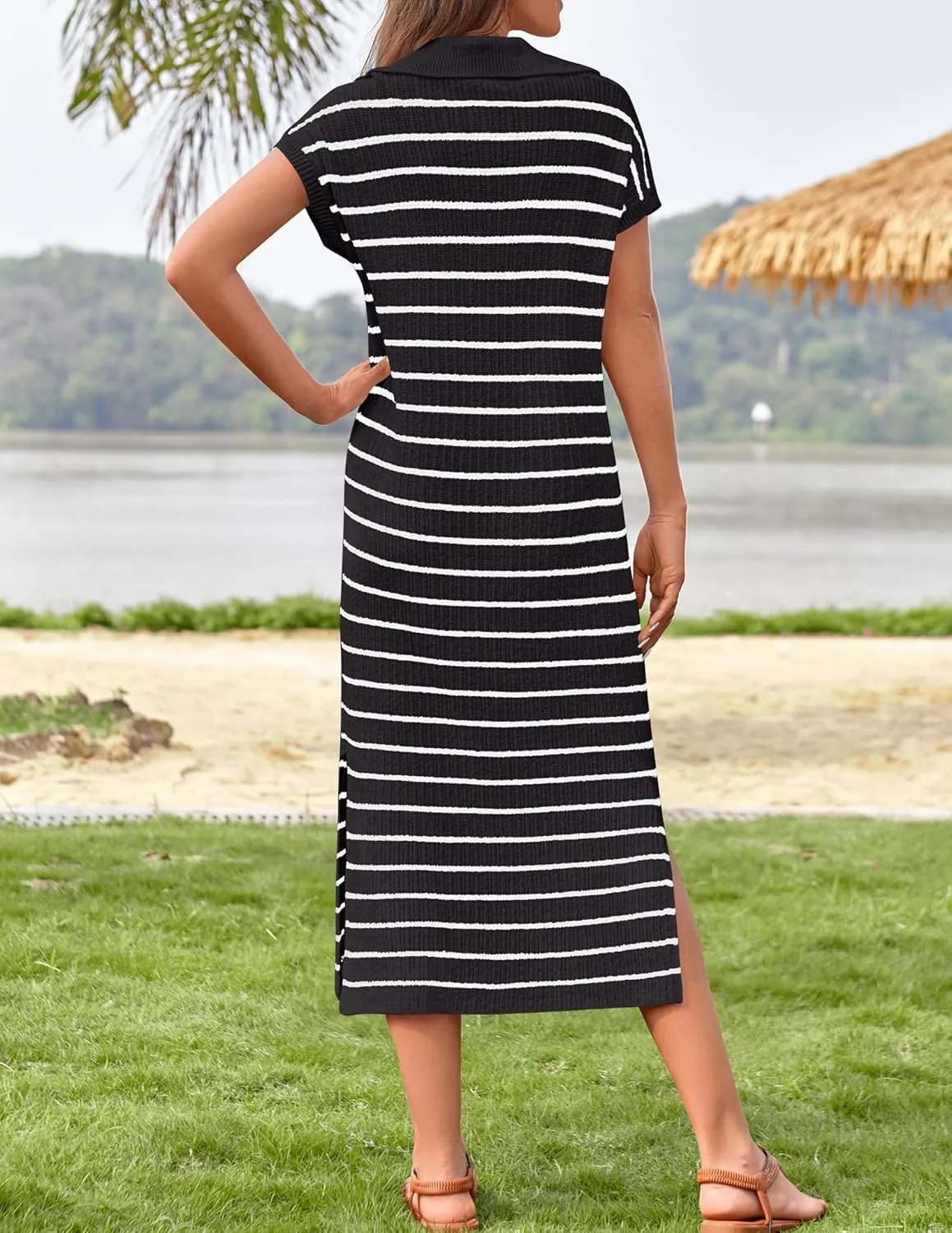 ZESICA Women's Summer Striped Midi Dress 2025 Casual Short Sleeve V Neck Loose Knitted Side Slit Long Sweater Dresses