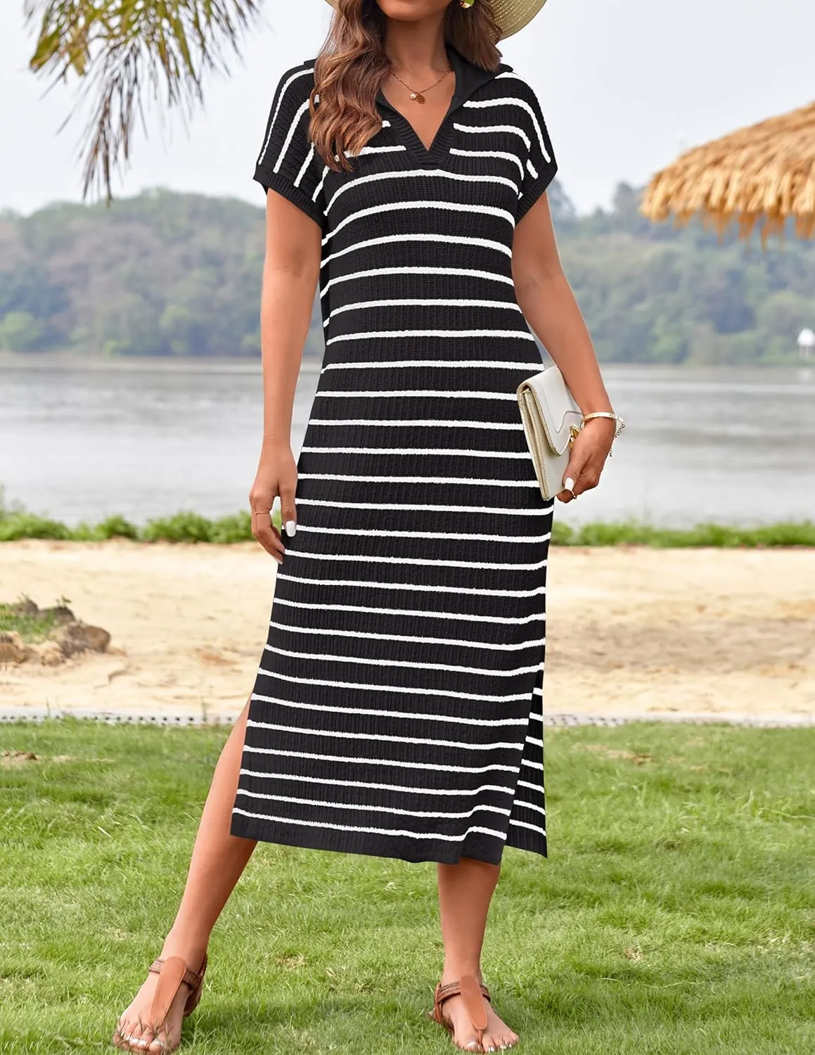 ZESICA Women's Summer Striped Midi Dress 2025 Casual Short Sleeve V Neck Loose Knitted Side Slit Long Sweater Dresses
