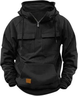 Zip Up Hoodie for Men Long Sleeve Cargo Hooded Sweatshirts Drawstring Quarter Zip Workout Gym Athletic Pullover Shirt