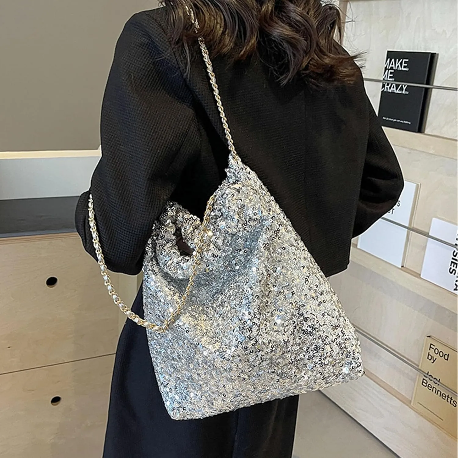 ZLM BAG US Women's Glitter Sequins Shoulder Tote Big Capacity Shimmer Shopping Bag Sparkling Handbag Purse