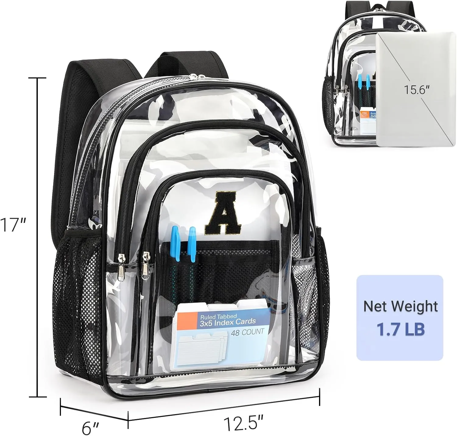 ZORFIN Clear Backpack for School: Large Clear Bookbag - Heavy Duty PVC Transparent Backpack for College Workplace Security Black A