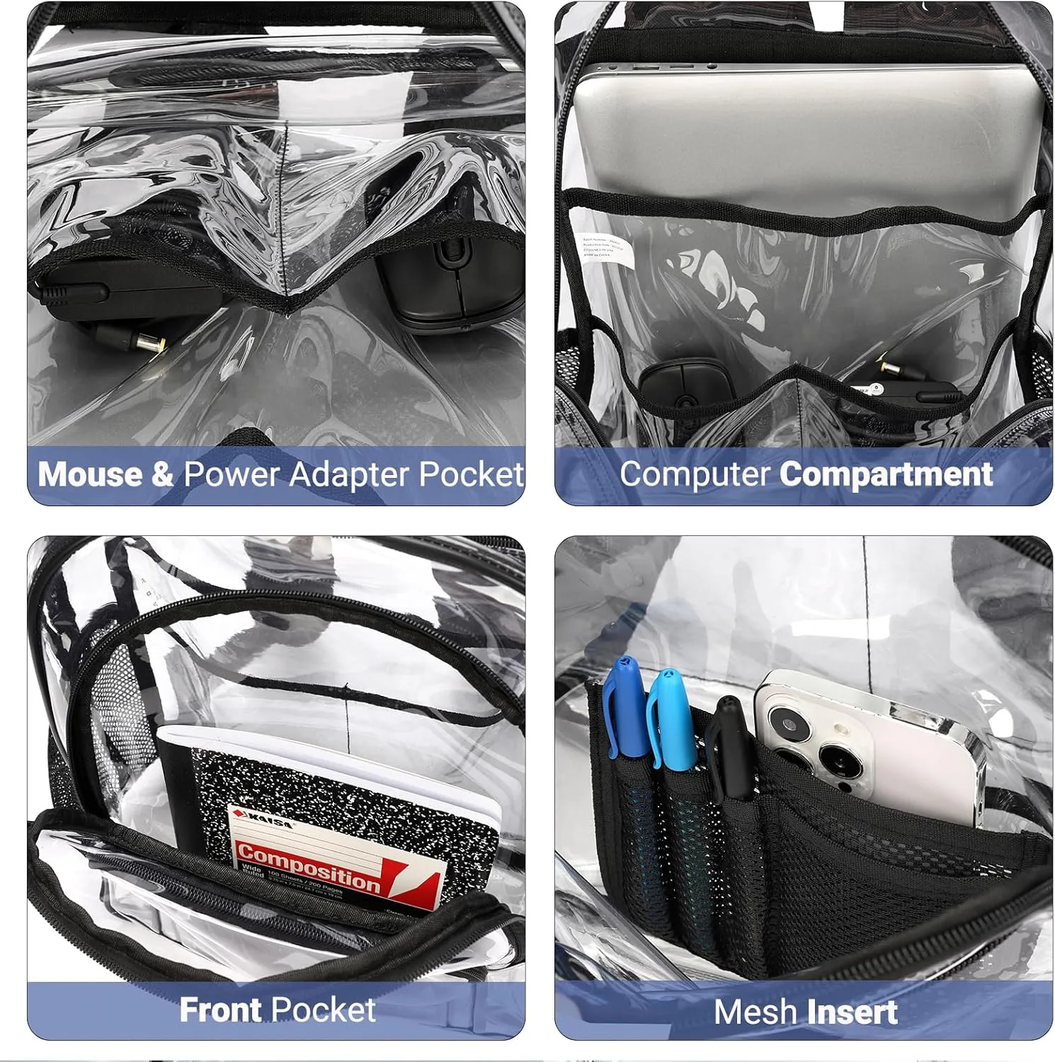 ZORFIN Clear Backpack for School: Large Clear Bookbag - Heavy Duty PVC Transparent Backpack for College Workplace Security Black A