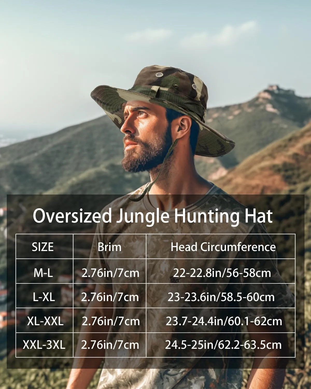 Zylioo XXL Oversized Boonie Sun Hats,Military Tactical Safari Hat for Big Heads,Lightweight Hunting Hats with Strap